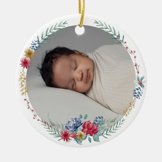 Eerste Kerst Floral Woodland Animal Baby Foto Keramisch Ornament (Voorkant)