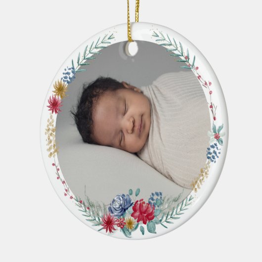 Eerste Kerst Floral Woodland Animal Baby Foto Keramisch Ornament (Links)