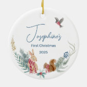 Eerste Kerst Floral Woodland Animal Baby Foto Keramisch Ornament (Achterkant)