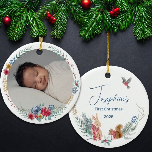 Eerste Kerst Floral Woodland Animal Baby Foto Keramisch Ornament