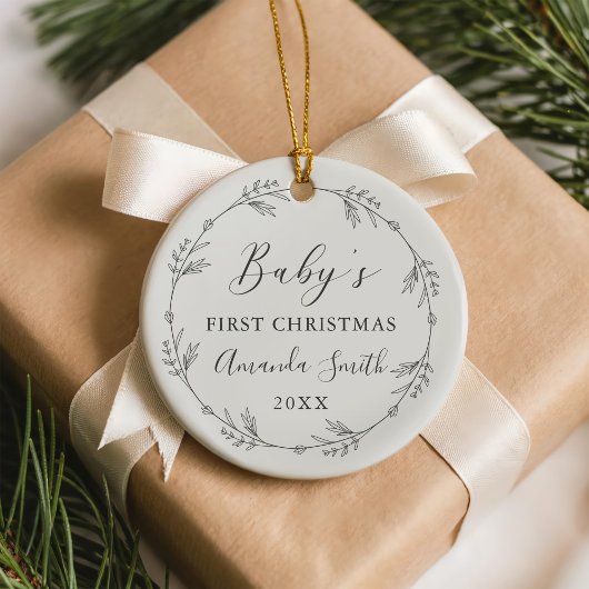 Eerste Kerst Florale Botanische Krans Keramisch Ornament