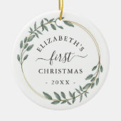 Eerste Kerst Florale Groene Krans Keramisch Ornament (Voorkant)