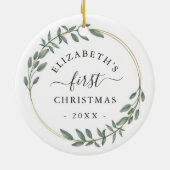 Eerste Kerst Florale Groene Krans Keramisch Ornament (Achterkant)