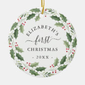 Eerste Kerst Florale Groene Krans Keramisch Ornament (Voorkant)