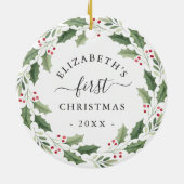 Eerste Kerst Florale Groene Krans Keramisch Ornament (Achterkant)