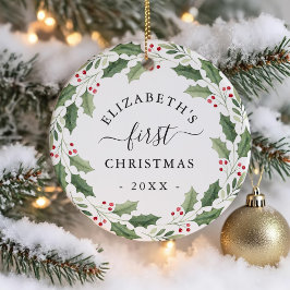 Eerste Kerst Florale Groene Krans Keramisch Ornament