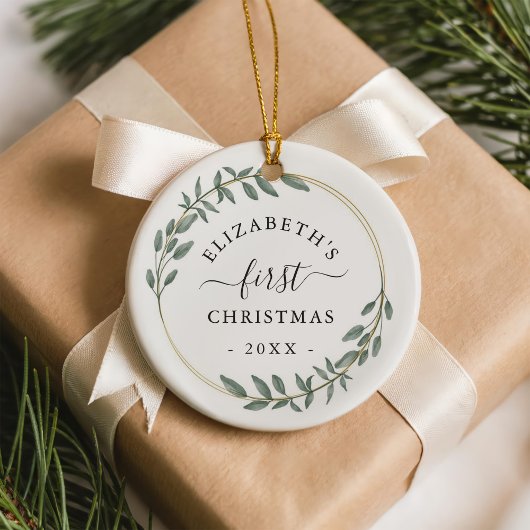Eerste Kerst Florale Groene Krans Keramisch Ornament