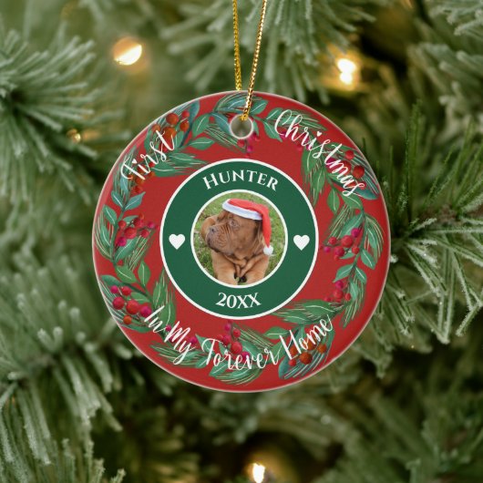 Eerste Kerst Forever Home Pet Wreath Ornament (Boom)