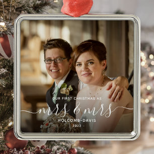 Eerste kerst Foto Mevrouw en Mevrouw LGBTQ Witte S Metalen Ornament