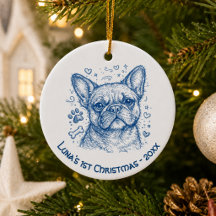 Eerste kerst Franse Bulldog blauwe lijntekening kr