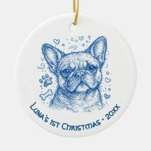Eerste kerst Franse Bulldog blauwe lijntekening kr