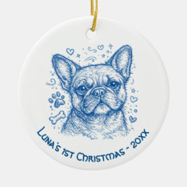 Eerste kerst Franse Bulldog blauwe lijntekening kr Keramisch Ornament