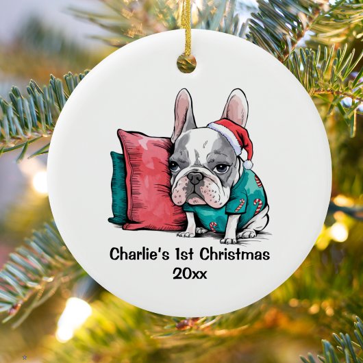 Eerste kerst Frenchie Dog met Santa Hat Pet Keramisch Ornament