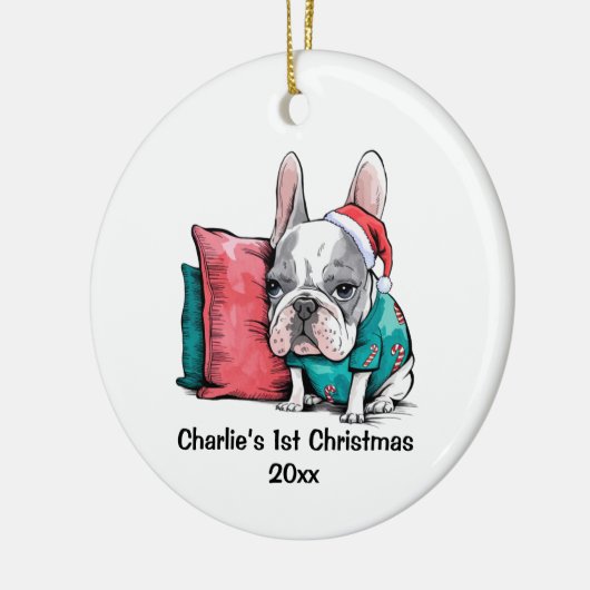 Eerste kerst Frenchie Dog met Santa Hat Pet Keramisch Ornament (Links)