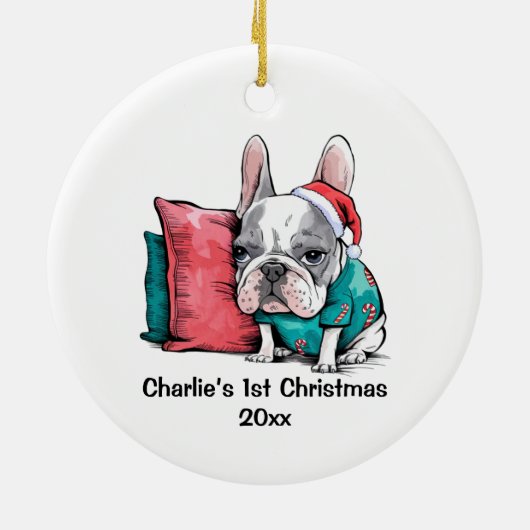 Eerste kerst Frenchie Dog met Santa Hat Pet Keramisch Ornament (Achterkant)