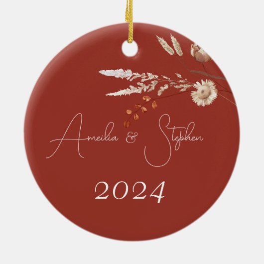 Eerste kerst gehuwd met terracotta Waterverf Keramisch Ornament (Achterkant)