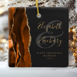 Eerste kerst gehuwd Verbrand Oranje Agaat Goud Keramisch Ornament