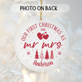 Eerste kerst gehuwde foto en datum keramisch ornament