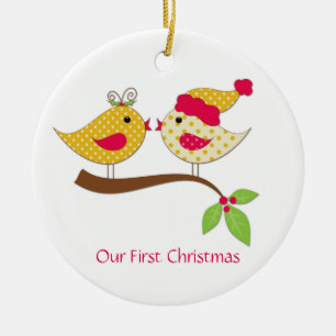 Eerste kerst gele polka stip liefdes vogels keramisch ornament