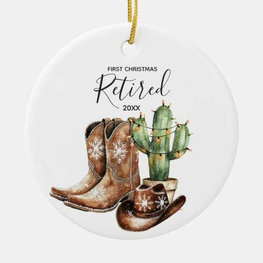Eerste kerst gepensioneerde Cactus Cowboy Gift Keramisch Ornament (Voorkant)