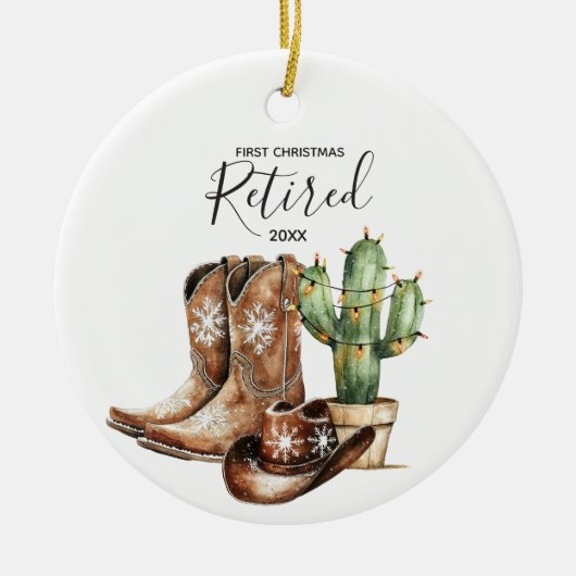 Eerste kerst gepensioneerde Cowboy Cactus Keepsake Keramisch Ornament (Voorkant)