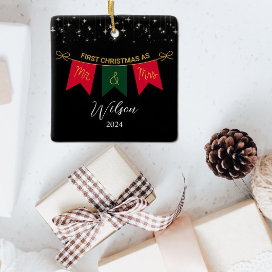 Eerste kerst getrouwd als Mr en Mrs Gold script Keramisch Ornament