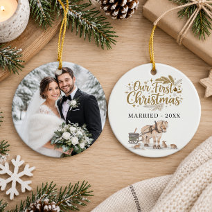 Eerste kerst getrouwd foto winter paard keramisch ornament