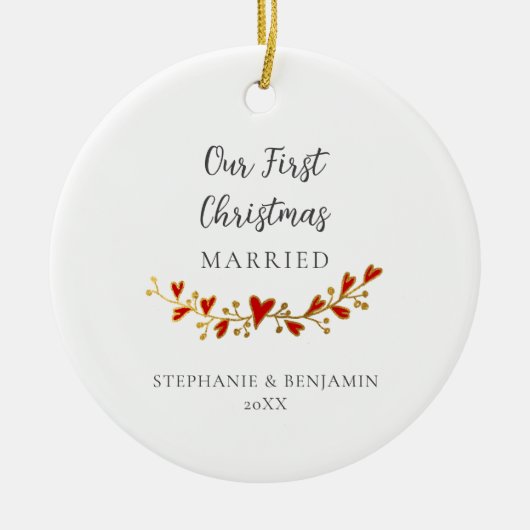 Eerste kerst getrouwd goud rode harten foto keramisch ornament (Voorkant)