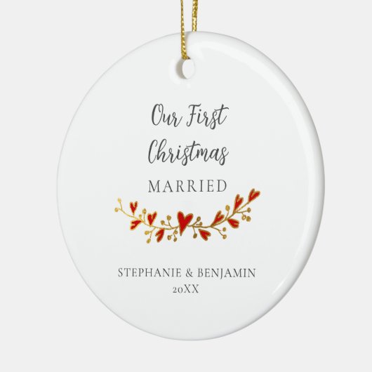 Eerste kerst getrouwd goud rode harten foto keramisch ornament (Links)