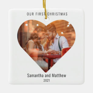Eerste kerst getrouwd liefde hart foto keramisch ornament