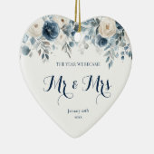 Eerste kerst Getrouwd met Blauwe Bloemen Meneer en Keramisch Ornament (Rechts)