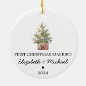 Eerste kerst Getrouwd met Waterverf Kerstboom Keramisch Ornament (Achterkant)