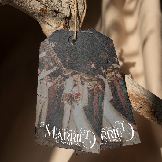 Eerste kerst getrouwd minimale typografie foto cadeaulabel
