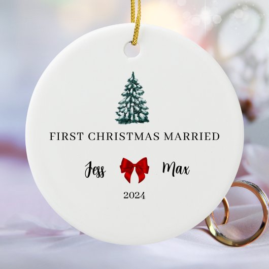 Eerste kerst getrouwd Red Bow Coquette Keepsake Keramisch Ornament