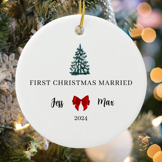 Eerste kerst getrouwd Red Bow Coquette Keepsake Keramisch Ornament