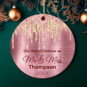 Eerste kerst getrouwd roos blush gouden druppels keramisch ornament