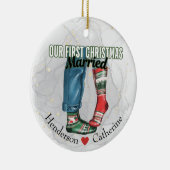 Eerste kerst getrouwd stel in Sokken Keramisch Ornament (Rechts)