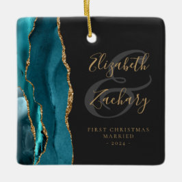 Eerste kerst getrouwd Teal agaat goud schrift Keramisch Ornament
