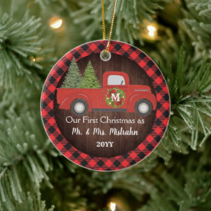 Eerste kerst getrouwd vrachtwagen geruit meneer me keramisch ornament