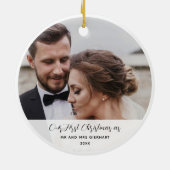 Eerste kerst getrouwde foto Elegant Keepsake Keramisch Ornament (Achterkant)