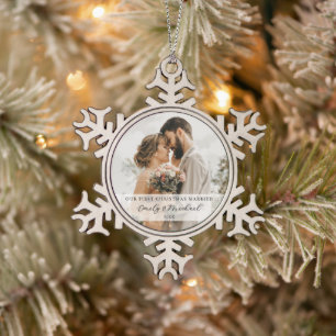 Eerste kerst getrouwde Pas getrouwd Foto Tin Sneeuwvlok Ornament
