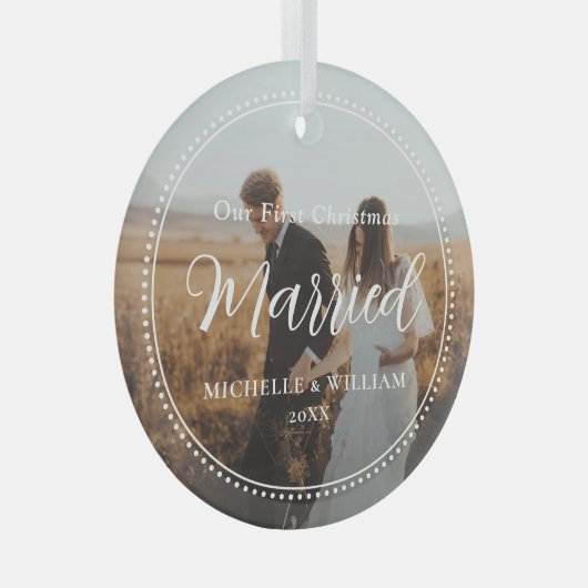 Eerste kerst getrouwde script overlay foto glas ornament (Voorkant Rechts)