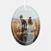 Eerste kerst getrouwde script overlay foto metalen ornament (Voorkant links)