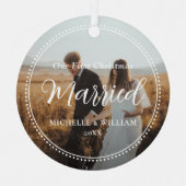 Eerste kerst getrouwde script overlay foto metalen ornament (Voorkant)