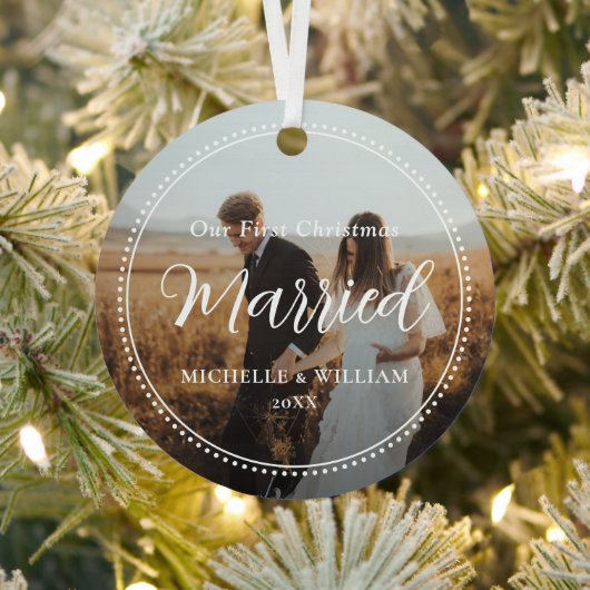 Eerste kerst getrouwde script overlay foto metalen ornament (Insitu)