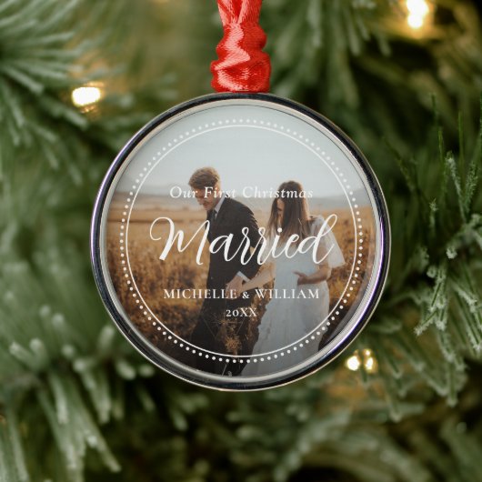 Eerste kerst getrouwde script overlay foto metalen ornament (Boom)