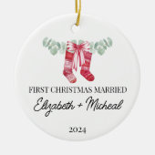 Eerste kerst Getrouwde waterverf kous Keramisch Ornament (Voorkant)
