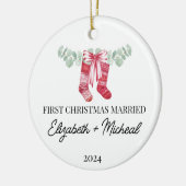 Eerste kerst Getrouwde waterverf kous Keramisch Ornament (Links)