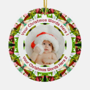 Eerste kerst groene roze foto baby aandenken keramisch ornament