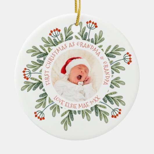 Eerste kerst Grootmoeder Grootvader Foto Namen Bla Keramisch Ornament (Voorkant)